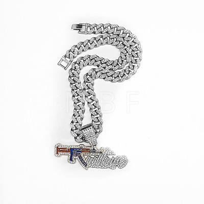 Hiphop Style Zinc Alloy Full Crystal Rhinestone Enamel Gun Shaped Pendant Cuban Link Chain Necklaces for Men WG2EDE4-02-1