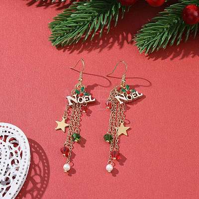 Word Noel Alloy Enamel & Glass Beads Dangle Earrings EJEW-TA00229-1