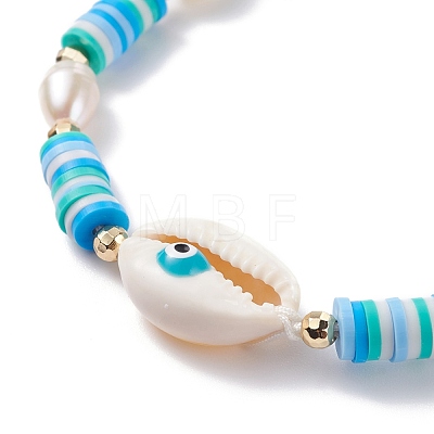 Natual Shell with Evil Eye & Pearl Braided Bead Bracelet BJEW-TA00049-02-1