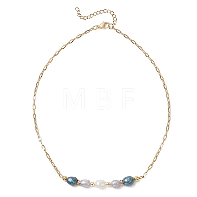 Natural Pearl Rice Beaded Necklaces with 304 Stainless Steel Paperclip Chains NJEW-JN05977-01-1