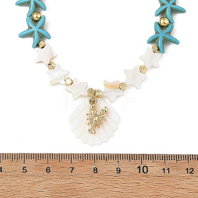 Summer Beach Carved Natural Freshwater Shell and Alloy Shrimp Pendant Starfish Dyed Synthetic Turquoise & Glass Beaded Necklaces for Women NJEW-JN06506-01-1