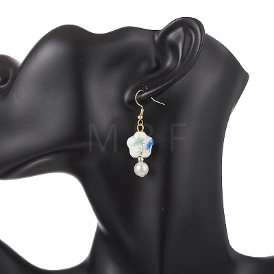 Porcelain & ABS Plastic Imitation Pearl Round with Flower Dangle Earrings EJEW-JE06841-1