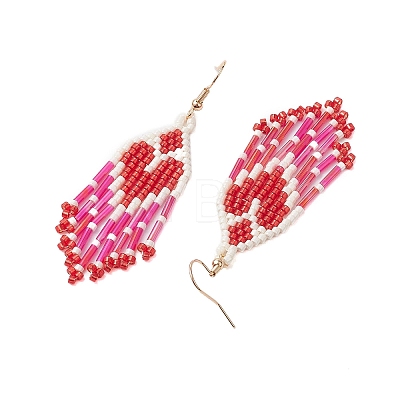 Heart Glass Seed Beaded Tassel Dangle Earrings for Women EJEW-MZ00201-01-1