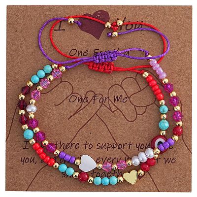 2Pcs 2 Styles Round Glass & Lampwork & Imitation Pearl & Synthetic Turquoise & Natural Shell & Seed Beads Braided Bead Bracelets VE0130-4-1