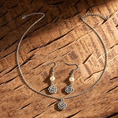 Zinc Alloy Imitation Pearl Flower Rose Dangle Earrings & Pendant Necklaces Sets for Women WG42FFC-02-1