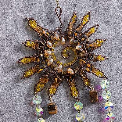 Copper Wire Wrapped Spiral Sun Natural Tiger Eye Beads Suncatchers HJEW-F027-07-1