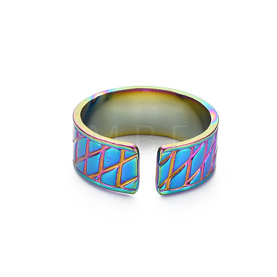 Rainbow Color 304 Stainless Steel Grooved Wide Band Open Cuff Ring for Women RJEW-N038-046M-1