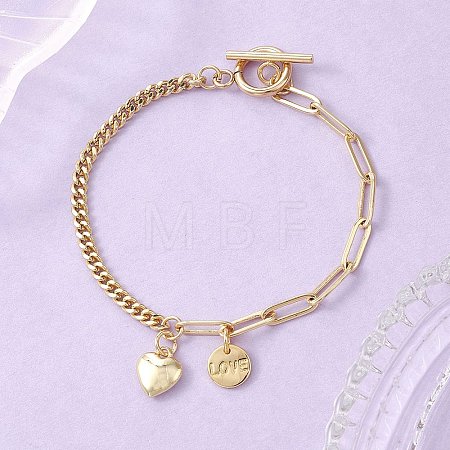 Brass Flat Round with Word Love & Heart Charms Bracelets BJEW-JB13482-1