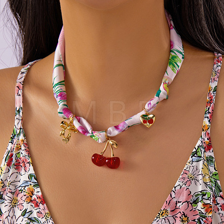 Printed Cloth Scarf Necklaces with Zinc Alloy Enamel & Resin Cherry Apple Pendants FS-WG7AF07-06-1