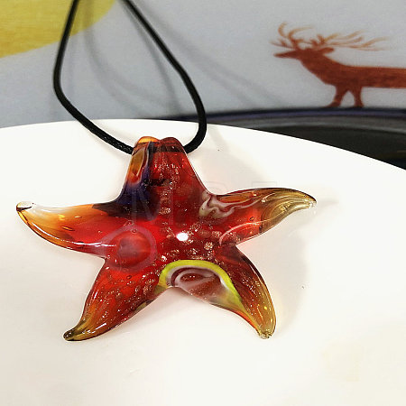 Starfish Millefiori Glass Pendant Waxed Cord Necklaces FS-WG7586D-03-1
