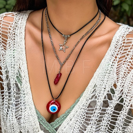 Alloy & Iron Chain & Evil Eye Acrylic Pendant Imitation Leather Wax Cord 3 Layered Necklaces FS-WG27ECA-03-1