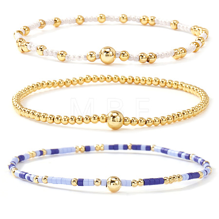 3Pcs 3 Styles Glass Seed Beads & Brass Beads Stretch Bracelets Set for Women VQ8944-3-1