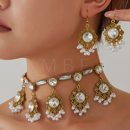 Retro Floral Alloy Rhinestone & Imitation Pearl Dangle Earrings & Charm Necklaces Sets for Women WG62226-02-1