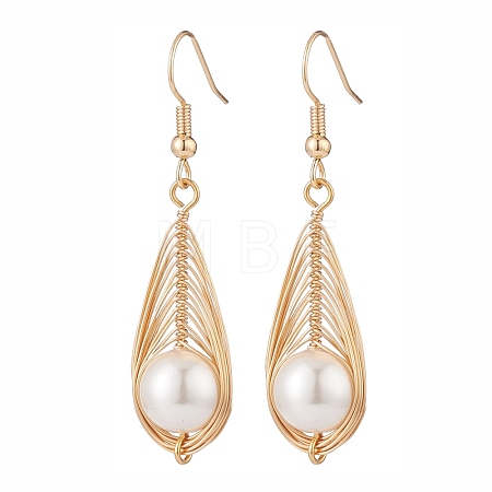 Shell Pearl Braided Teardrop Dangle Earrings EJEW-TA00088-1
