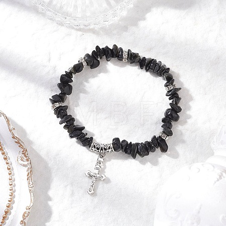 Natural Obsidian Chip Beaded Stretch Bracelets BJEW-JB12316-02-1
