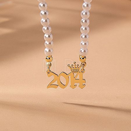 Alloy Crown Birth Year Pendant Imitation Pearl Round White Beaded Necklaces for Women FS-WG173C9-11-1