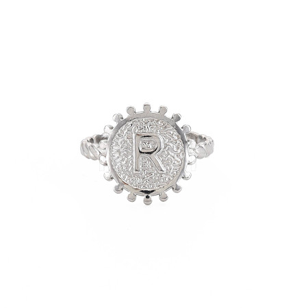 Non-Tarnish 304 Stainless Steel Flat Round with Initial Letter Open Cuff Ring for Men Women RJEW-S405-246P-R-1