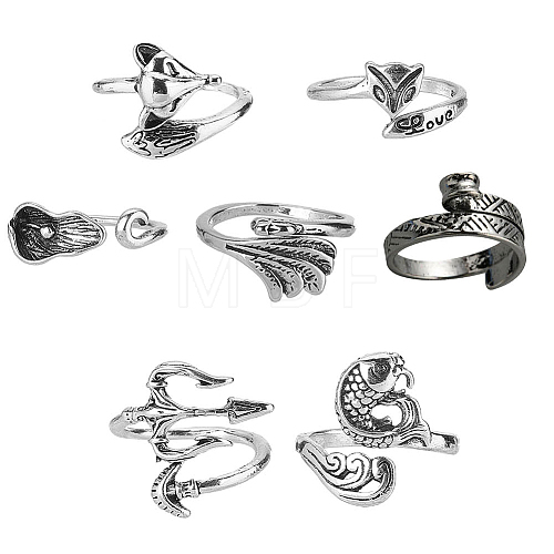 SUNNYCLUE 7pcs 7 style & Fish  & Fox & Flower Alloy Cuff Rings Set RJEW-SC0001-16-1