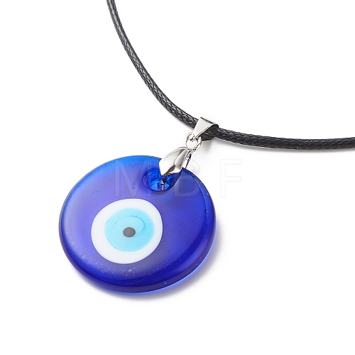 Blue Lampwork Evil Eye Pendant Necklace with Waxed Cord for Women NJEW-JN03955-04-1