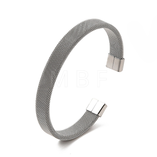 304 Stainless Steel Flat Mesh Chains Shape Open Cuff Bangle for Women BJEW-C0033-06P-1