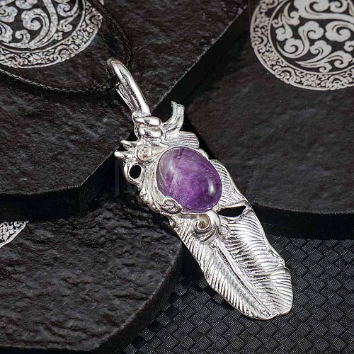 Vintage Natural Amethyst Alloy Feather Pendant Necklace for Women Men AO2435-4-1