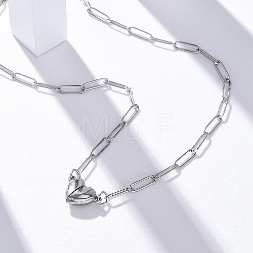 304 Stainless Steel Double-Sided Magnetic Heart Pendant Paperclip Chain Necklaces NJEW-U028-02P-1