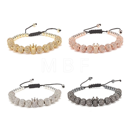 4Pcs 4 Color Cubic Zirconia Round & Crown Braided Bead Bracelet with Synthetic Hematite BJEW-JB08049-1