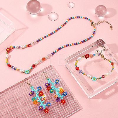 Natural Pearl & Glass Seed Beaded Necklace & Bracelet & Dangle Earrings SJEW-SW00008-1