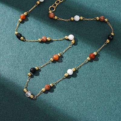 Natural Agate & Howlite & Synthetic Goldstone Faceted Round Bead 304 Stainless Steel Cable Chain Anklets for Women AJEW-G072-01G-1