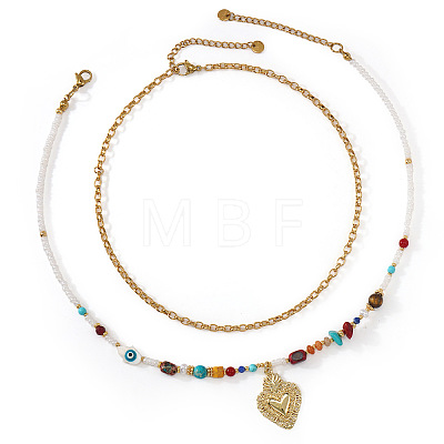 Handmade Natural Mixed Stone Beaded Double Layer Necklaces with Stainless Steel Sacred Heart Pendant for Women Daily Wear OB9788-1-1
