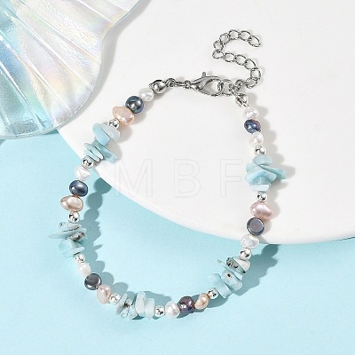 Natural Larimar Chip Beads & Cultured Freshwater Pearl Beaded Bracelets for Women BJEW-JB14215-1