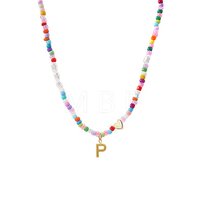 Colorful Beaded Heart Letter Necklace with Pearl Elements Stainless Steel Pendant Jewelry TR2146-16-1