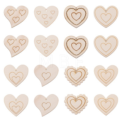 16Pcs 8 Styles Unfinished Wood Heart Pendants WOOD-TA0002-99-1