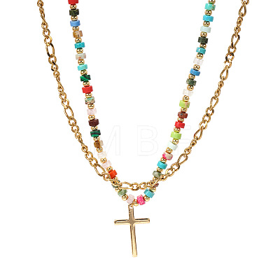 Stainless Steel Religion Cross Pendant Colorful Natural Mixed Gemstone Heishi Beaded Double Layer Necklaces for Women OM0198-1-1