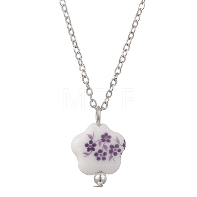 Handmade Printed Porcelain Flower Pendant Brass Cable Chain Necklaces for Women NJEW-JN05746-1