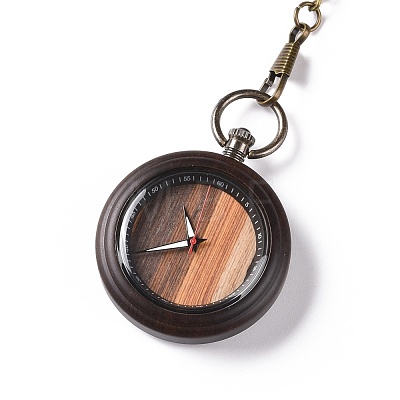 Ebony Wood Pocket Watch with Brass Curb Chain and Clips WACH-D017-A17-01AB-03-1