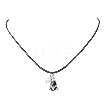 Alloy Tassel with Shell Pearl Pendant Black Waxed Cord Necklaces for Women NJEW-JN05929-1