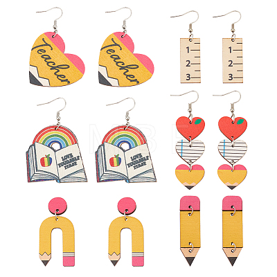 ANATTASOUL 6 Pairs 6 Styles Teachers' Day Wood Dangle Earrings with Iron Pins EJEW-AN0004-85-1