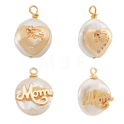  4Pcs 2 Styles Mother's Day Theme Natural Cultured Freshwater Pearl Pendants PEAR-NB0001-82-1
