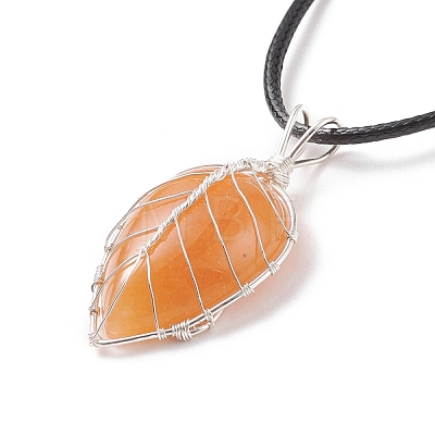 Natural Red Aventurine Leaf Cage Pendant Necklace with Waxed Cords NJEW-TA00035-01-1