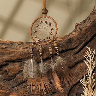 Ethnic Style Alloy & Wood Woven Web/Net with Feather Big Pendant Faux Suede Cord Necklaces for Women FS-WG285C1-10-1