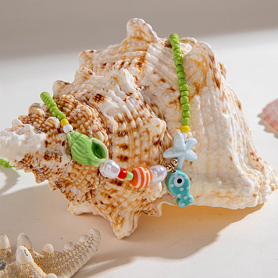 Summer Beach Porcelain Fish Shell Shape & Plastic Pearl Pendant Lime Glass Seed Beaded Necklaces for Women FS-WGBDA16-01-1