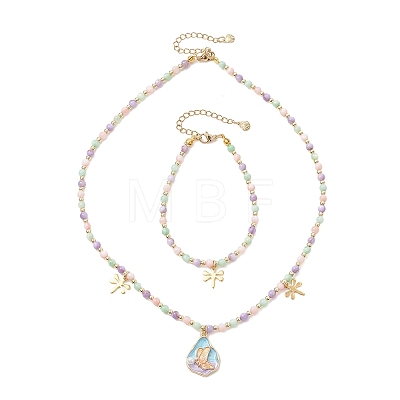 Natural Shell Bead & 304 Stainless Steel Dragonfly &
Alloy Enamel Teardrop with Butterfly Pattern Pendant Necklace & Charm Bracelets Sets SJEW-JS01376-1