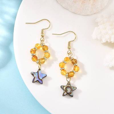 Star Natural Amber & Abalone Shell/Paua Shell Dangle Earrings EJEW-JE07358-01-1