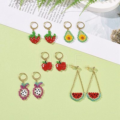 5 Pairs 5 Styles Handmade Japanese Seed Braided Fruit Dangle Leverback Earrings & Stud Earrings EJEW-MZ00022-1