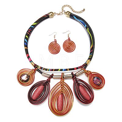 Aluminum Wire Wrapped Resin Beaded Oval Pendant Necklaces & Flat Round Dangle Earrings Sets WGF604D-01-1