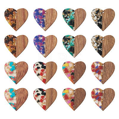  16Pcs 8 Colors Transparent Resin & Walnut Wood Pendants RESI-TA0002-16-1