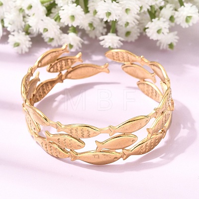 Fish 304 Stainless Steel Cuff Bangles for Women BJEW-A155-02G-1