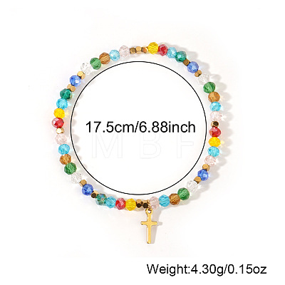 Natural Stone and Glass Faceted Rondelle Beaded Stretch Bracelets with Brass Religion Cross Charms for Women KR8721-6-1
