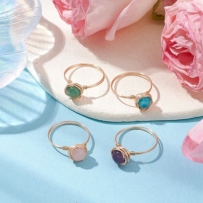 4Pcs 4 Styles Round Natural Green Aventurine & Amethyst & Hemimorphite & Rose Quartz Finger Rings Sets RJEW-TA00147-1